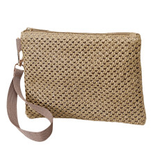 Borsa a busta in paglia essenziale da spiaggia per donna, borsetta piccola intrecciata in stile bohémien con cinturino da polso, borsetta alla moda