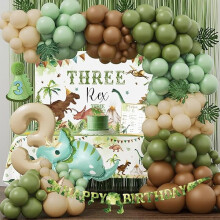 Decorazioni di compleanno a tema dinosauri 3Rex per bambini – Articoli per la festa del 3 compleanno, sfondo, tovaglia, tenda a frange, arco di
