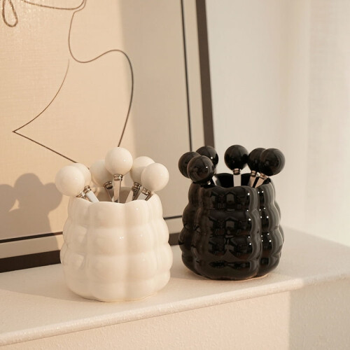 Ceramic fruit salad tableware jar, large-caliber design, with 3 spoons and 3 forks. 1