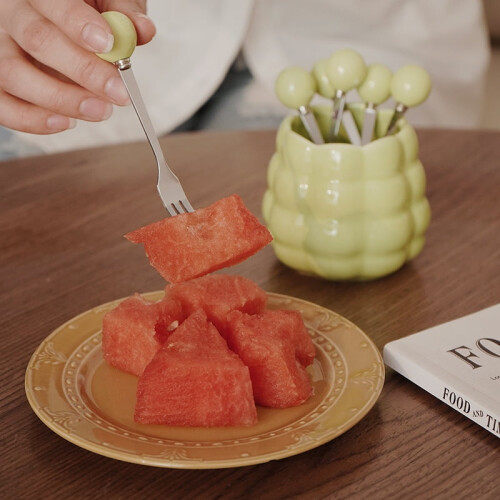 Ceramic fruit salad tableware jar, large-caliber design, with 3 spoons and 3 forks. 2