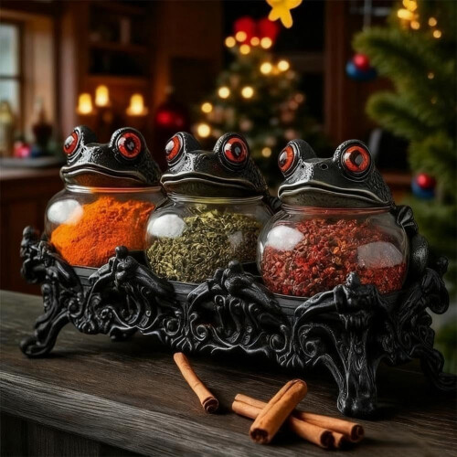 Βάζα μπαχαρικών Witchy Frog σετ 3 τεμαχίων από γοτθικό γυαλί 1