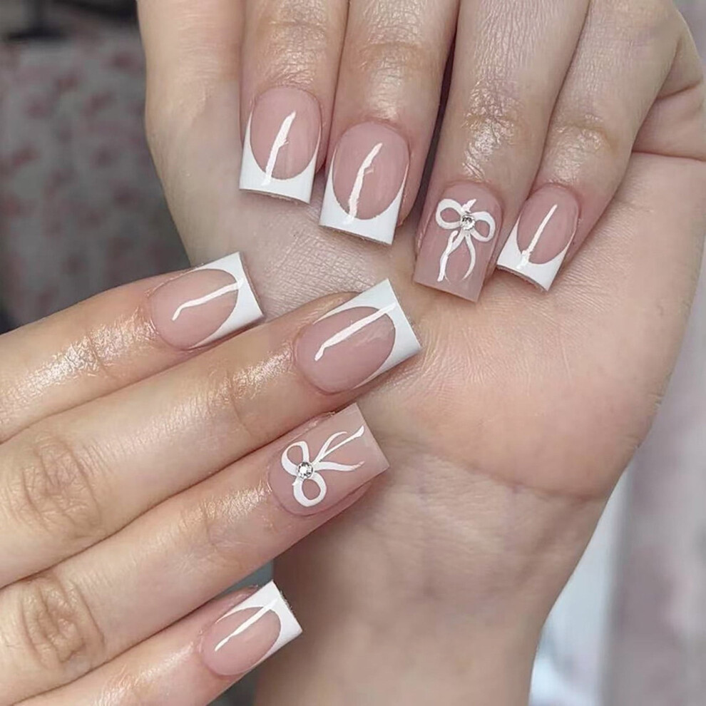 24 Pcs Bows on Nails French Tip Artificial Nails Short Square False Nails Glossy for Woman Girls