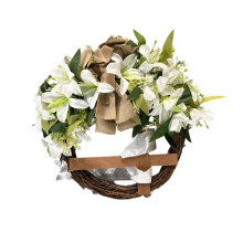 Couronne de Pâques en forme de croix pour porte d'entrée – Couronne florale artificielle de printemps de 45 cm avec lys blancs et nœud,