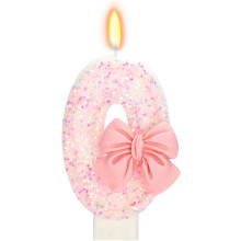 Pink Glitter Bowknot Birthday Candle #0, 2.76", Cake Topper for 10-70th Birthday Parties