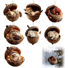 Pine Cone Animal Ornament, Woodland Acorn Forest Decor for Christmas Tree, 2D Acrylic Sleeping Animals Holiday Home Keepsake Gift (7, Coffee)