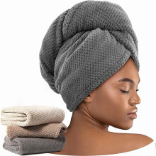 3-Pack Microfiber Hair Towel Wrap for Curly Hair, Super Absorbent Turban for Women & Kids (Grey/Camel/Brown), compatible with all hair types