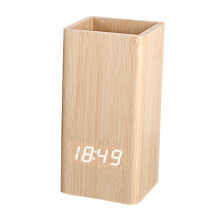 Voice Control Digital Wooden Pen Holder with Alarm Clock Creative Student Desktop USB Powered/Battery Operated LED Pencil Organizer for Home Office