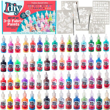 IDIY Fabric Paint Set: 60 Colors (Glitter, Metallic, Glow, Neon) + 5 Stencils, 3 Brushes, Non-Toxic, Water-Based, Permanent Puffy Effects