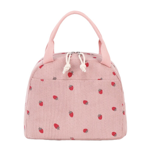 Isolierte Lunchtasche aus rosa Cord mit Erdbeermuster 1 1