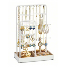 Jewelry Holder with Metal Frame & Velvet Tray – Necklace, Earring, Bracelet, Ring Organizer – White – Compatible with Studs