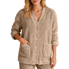Giacca in pile da donna, calda e accogliente, giacca da letto per donna, pigiama morbido con scollo a V e bottoni, cappotto invernale a maniche