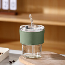 HauiWeiLyai 420ml Gobelet de bureau avec paille intégrée, tasse à café en verre transparent pour usage domestique