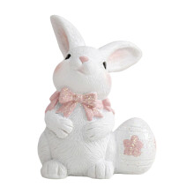 Ensemble de 2 figurines de lapins de Pâques en résine – Adorable lapin tenant un œuf décoré d'un nœud rose, décorations de table pour les