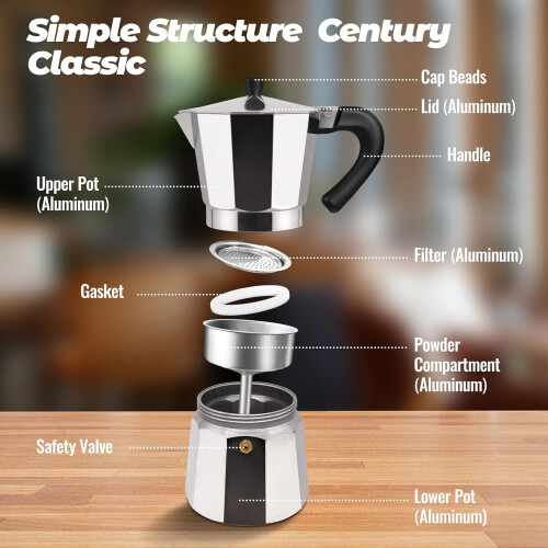 Καφετιέρα Moka αλουμινίου 14 φλιτζανιών 700ml, συμβατή με εστίες αερίου/ηλεκτρικές, 1