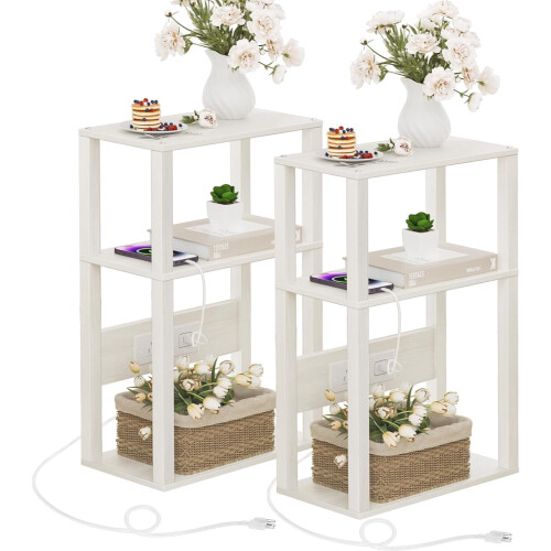 Bamboo 3-Tier Side Table Set of 2 with Charging Station