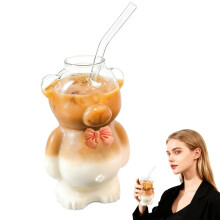 Gobelet en verre mignon avec paille et motif ours, style kawaii, réutilisable et avec couvercle – Convient pour le café, le vin, la bière, les