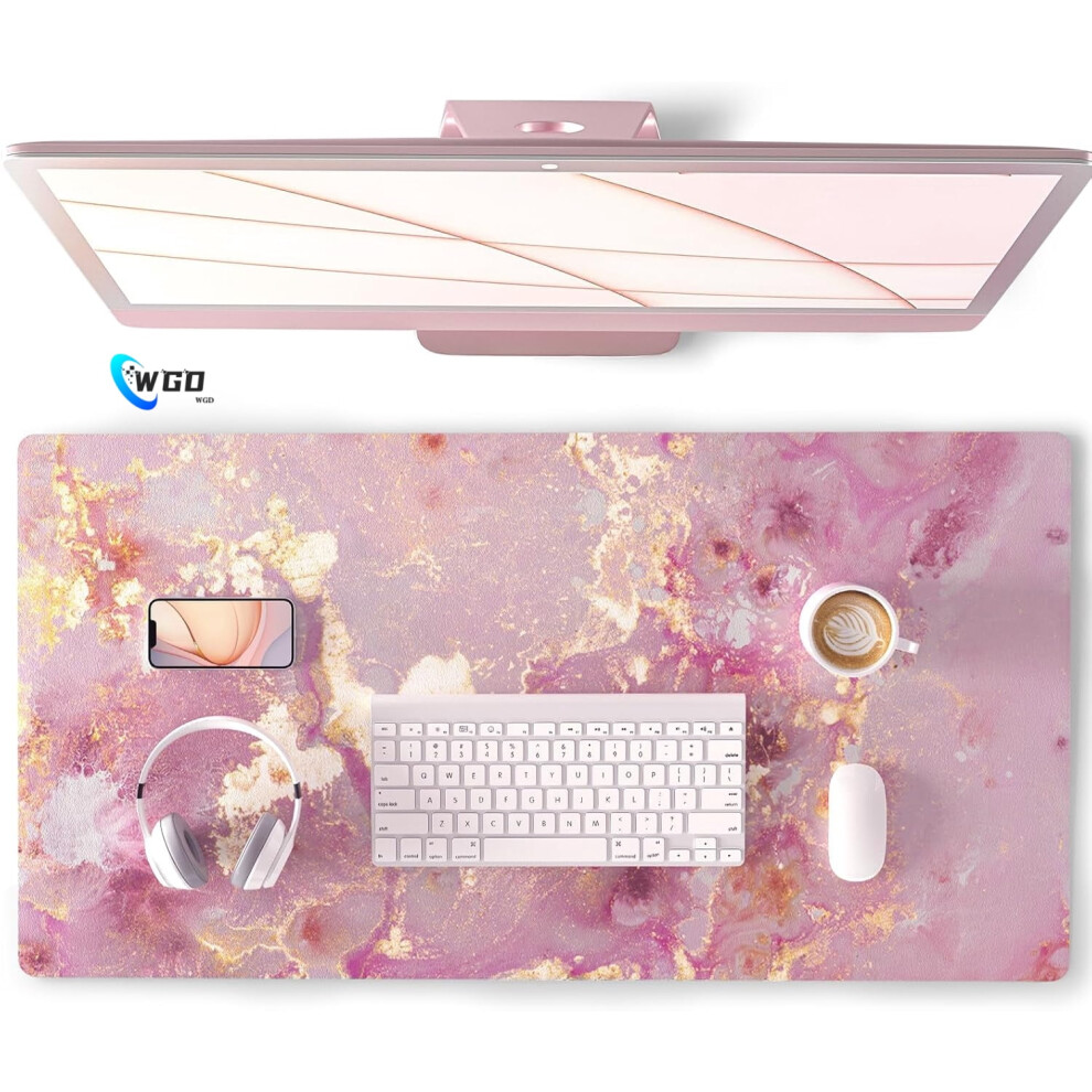 Large Pu Leather Desk Mat, Waterproof Gaming Mousepad, Rose Marble Design, 31.5"X15.7", For School/Office/Home Pink/Gold 9405492188426