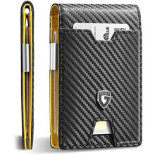 Men's Slim RFID-Blocking Leather Wallet with Money Clip, 11 Card Slots, Carbon Fiber Bifold – Compatible with RFID Tech (Carbon Yellow)