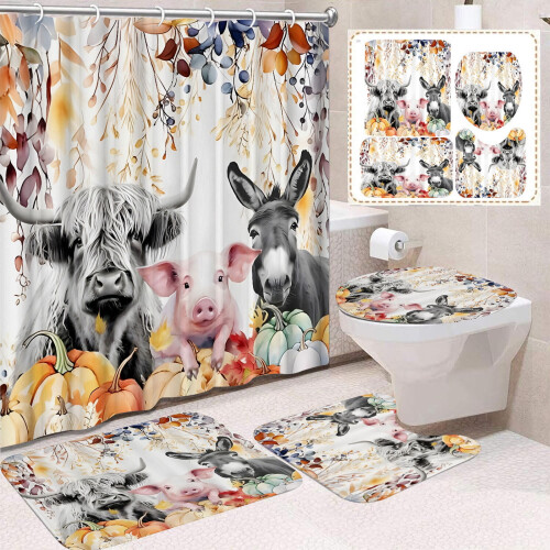 Duschvorhang-Set „Bull Head“ aus Polyester, 4-teilig