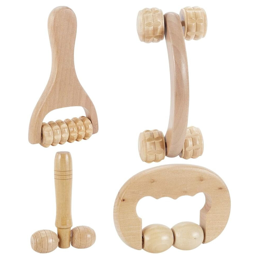 4Pcs Massage Tool Set 4 Styles Wooden Gua Sha Tool T-Shape Massage Roller Therapy Trigger Point Massage Tool