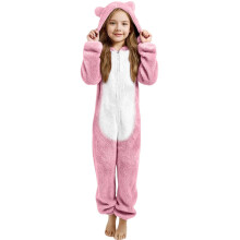 Bear Ear Plush Lined Thickened One-Piece Pyjama Set + Hooded Pyjama Set One-Piece Pyjamas Ages 3-12,150,Light Pink