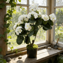 Begonia bianca in seta, 45 cm con vaso