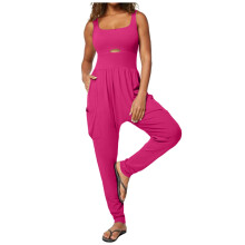 Womens Casual Solid Color Jumpsuit Featuring Art Out Cutout Details Sleeveless Loose Fit for Summer Days Lightweight Breathable Fabric Hot Pink 2XL
