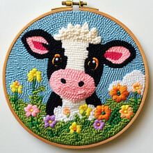 DIY Punch Needle Kit: Dairy Cow in Flowers, Easy for Beginners, Printed Pattern & Hoop, 20x20cm, Home Decor – Compatible with Punch Needle Tools