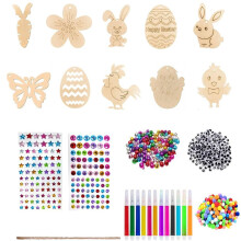 Wooden Easter Pendants for Painting Easter Crafts for Kids Wooden Easter Pendants with Watercolor Pens Rhinestones Decorations for DIY Gift