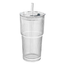 Tasse à café en verre de 473 ml (16 oz) avec couvercle et paille, gobelet épais à rayures verticales, blanc – Convient à un usage