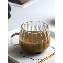 13oz Glass Coffee Mug, Ribbed Pumpkin Shaped Tea Cup with Handle, Clear Borosilicate Drinking Glass for Latte, Cappuccino & Hot Beverage