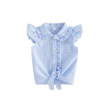 (2-3 Years, Blue) Toddler Baby Girl Summer Shirts Fashionable Cute Plaid/Solid Color Flying Sleeve Button Down Tops