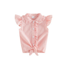 (12-18 Months, Pink) Toddler Baby Girl Summer Shirts Fashionable Cute Plaid/Solid Color Flying Sleeve Button Down Tops