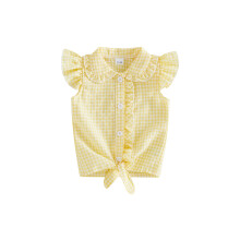 (12-18 Months, Yellow) Toddler Baby Girl Summer Shirts Fashionable Cute Plaid/Solid Color Flying Sleeve Button Down Tops