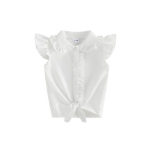 (3-4 Years, White) Toddler Baby Girl Summer Shirts Fashionable Cute Plaid/Solid Color Flying Sleeve Button Down Tops