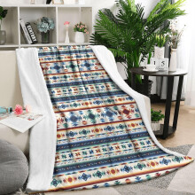 Plaid en laine d'agneau géométrique bohème bleu et orange, 127 x 152 cm, doux, chaud et léger, idéal en toute saison pour canapé, lit, fauteuil