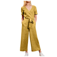 Ladies Summer Fashion Casual Solid V Neck Lace Up Cotton Rompers Jumpsuit Comfortable Fabric Adjustable Fit Yellow 4XL