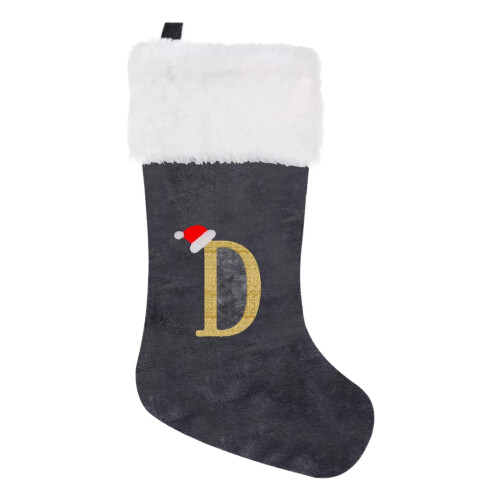 Weihnachtsstrumpf, weiß, Plüsch, Samt, graues Buchstabendesign