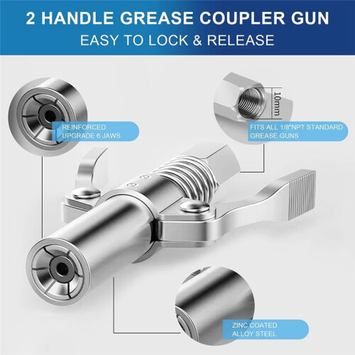 Dual Handle Gear Grease Nozzle, 10000 PSI Load Quick Lock & Release Grease Coupler with Spring Flexible Hose 1