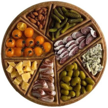 Bandeja de madera de 8 compartimentos para servir frutas, frutos secos, pizza y pan.