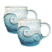 2 kpl käsintehtyä Sea Wave -lasimukia, 12oz, ainutlaatuisella teksturoidulla muotoilulla, täydellinen kahville ja teelle, käsintehtyjä
