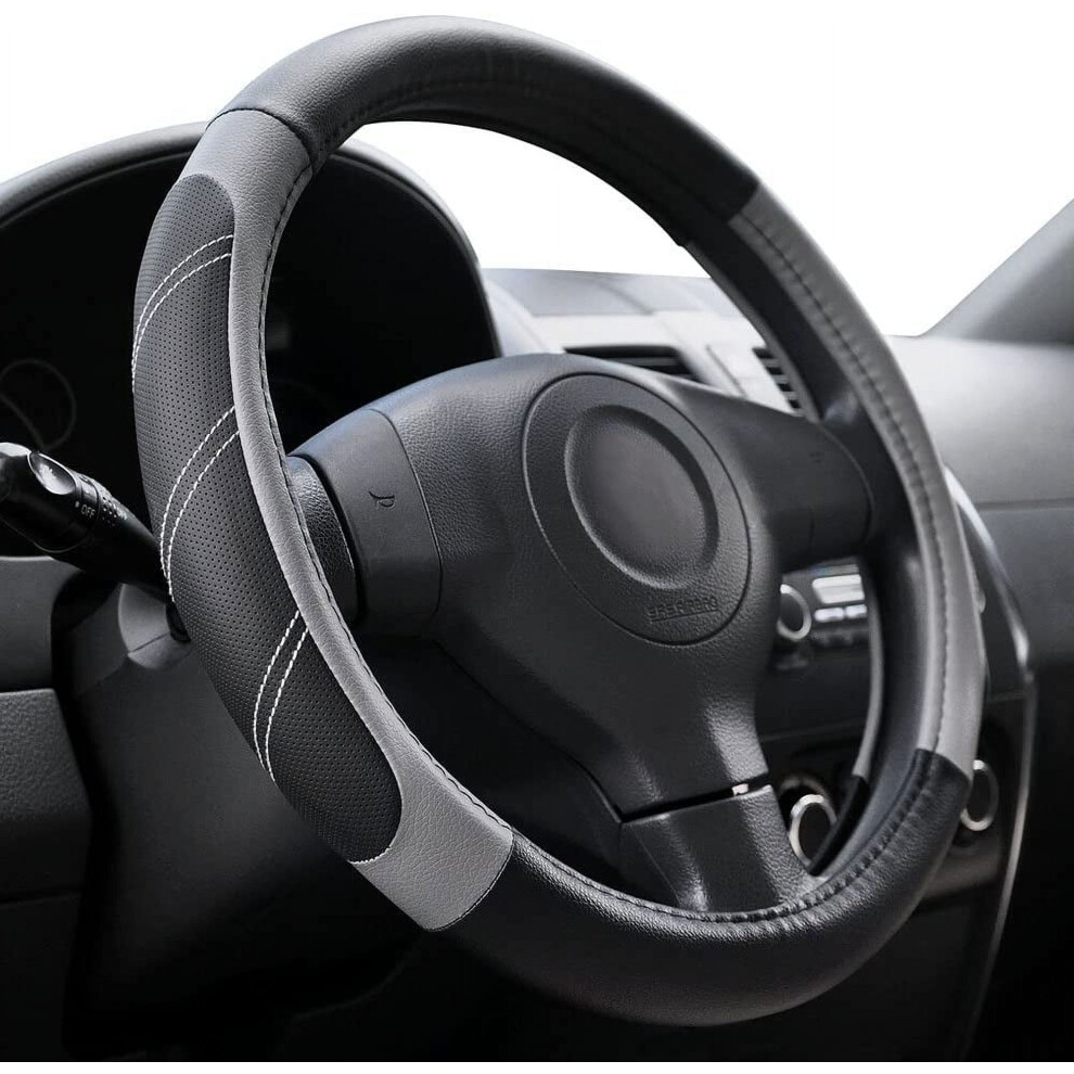 Sport Leather Steering Wheel Cover 14.5"-15", Padded Soft Grip, Breathable & Anti-Slip, Odorless Â Compatible With Most Cars, Trucks, Black/Gray 9083649350171