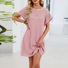 Women's Casual Fashion Solid Color Crew Neck Lace Patchwork Short Sleeve Nightgown Soft Breathable Sleep Dress for Summer Homewear