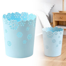 Mini Wastebaske 6.4L Small Blue Trash can Room Decor Hollow Flower Shape Plastic Lidless Round Garbage Container Bin(1PC)