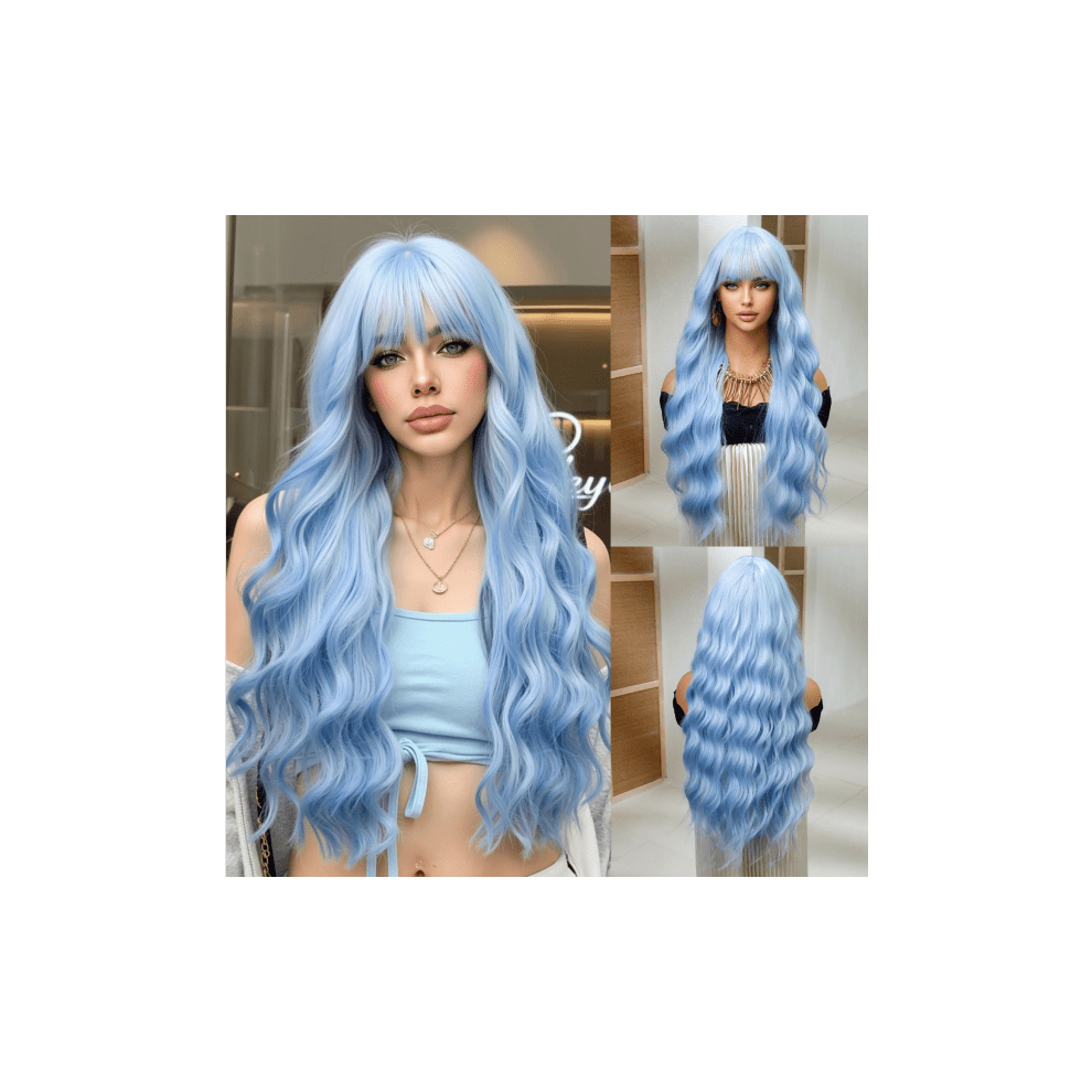 Unisex Blue 28" Long Curly Bangs Wig, Natural Fluffy Wavy, Soft High-Temp Silk, Cosplay-Friendly, Â 1Pc