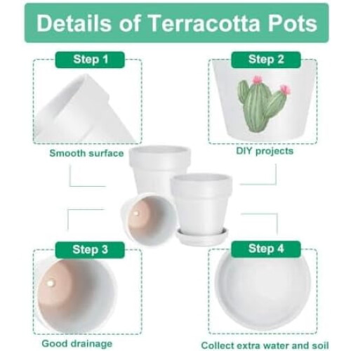 Hvide terrakotta lerpotter med underkop 7,5 cm, 12-pak 2