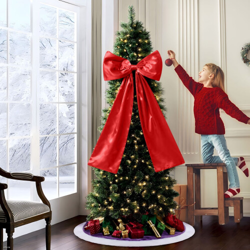 Red Satin Bow Tree Topper 117cm with Long Streamers 2