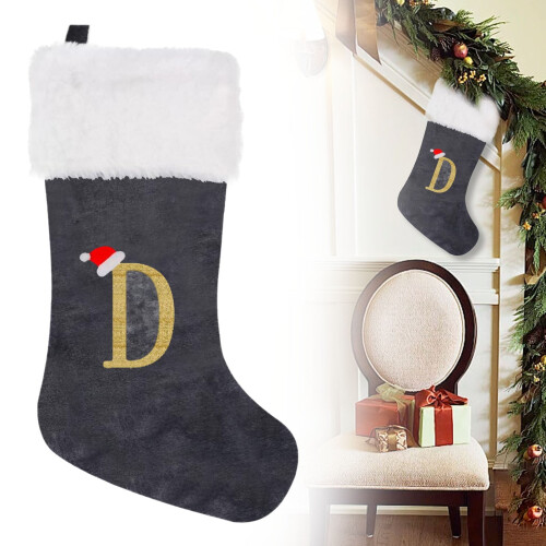 Weihnachtsstrumpf, weiß, Plüsch, Samt, graues Buchstabendesign 1