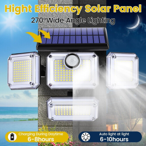 Solar bewegingssensorlamp voor buiten, 3000 lumen, 4 koppen 1