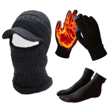 Men's Pullover Hat Winter Neck Gaiter Integrated Hat Fleece Lined Women's Warm Wool Knitted Hat Touchscreen Gloves 3-in-1 Set Fleece Lining